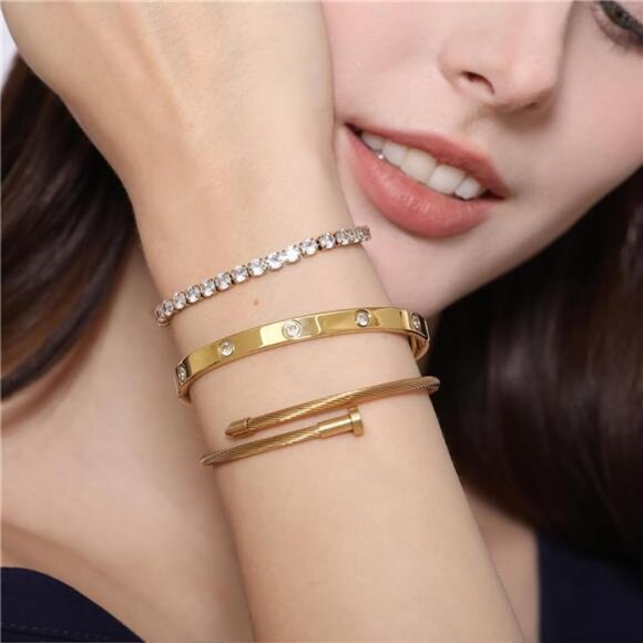 18 K Gold Plated Love Bangle Bracelet Set Flexible Wide Wristband Bangle - Picture 6 of 7